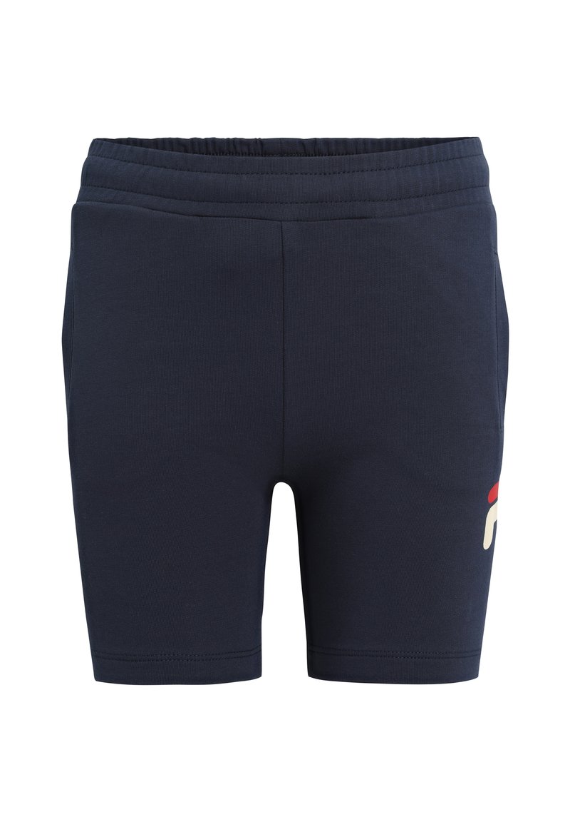 Pantaloni sportivi blu navy realizzati in tessuto elastico, con un elastico in vita e un piccolo logo multicolore sul lato inferiore.