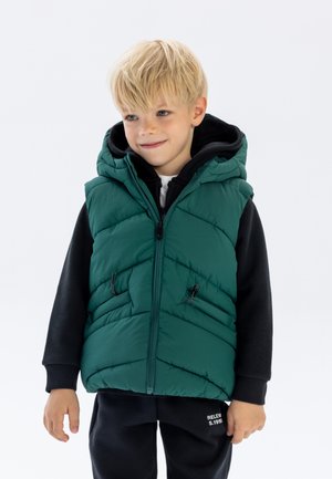 Gilet rembourré vert avec un motif matelassé et une capuche, doté d'une fermeture éclair à l'avant et de deux poches latérales, porté par-dessus un sweat à capuche noir et un pantalon.