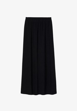 Black maxi skirt made of soft fabric. Features an elastic waistband and pleated design for a loose fit. Solid color with no patterns.