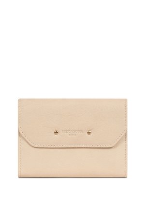 Beige leather wallet with two small gold studs and subtle embossed "HEXAGONA PARIS" logo on front flap.