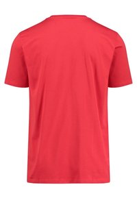 Rode T-shirt met korte mouwen van katoen. Ronde hals ontwerp met een gladde, lichte textuur. Eenvoudig en effen kleur zonder patronen.