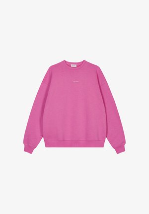 Felpa rosa con scollo rotondo, maniche lunghe e polsini a coste. Presenta un piccolo logo bianco al centro davanti. Materiale morbido.