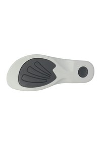 Shoe insole with a white outer layer, featuring a textured black rubber grip section and a decorative pattern for enhanced traction.
