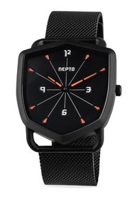 Sort hexagonal armbåndsur med mesh-bånd. Har en sort urskive, hvide timemarkører og orange time- og minutthænder. Mærke: NEPTO.