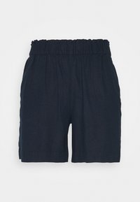Tmavě modré šortky vyrobené z měkké, lehké látky. Mají elastický pas a jednoduchý, nezdobený design.