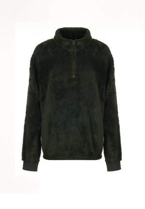 Sudadera de felpa verde oscuro y peluda con mangas largas, media cremallera en la parte delantera y puños acanalados sobre un fondo blanco liso.