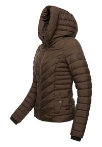 Brown padded jacket with a high collar and large hood. Features chevron quilted design, zip closure, ribbed cuffs, and logo patch on sleeve.