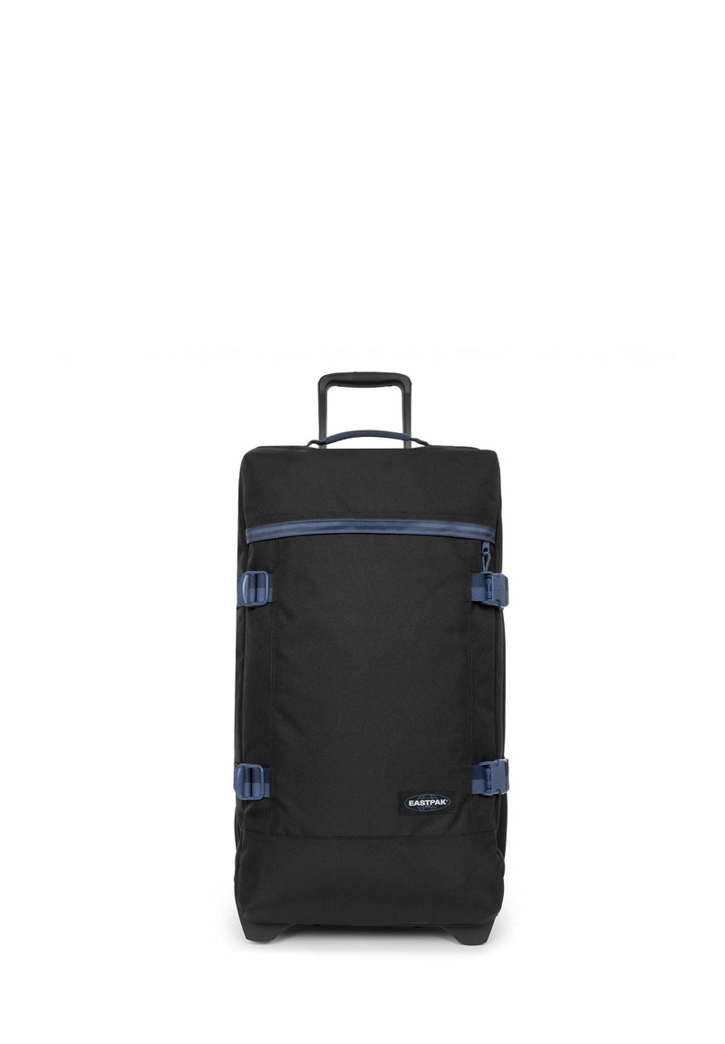 Schwarze Rolltasche aus strapazierfähigem Stoff. Verfügt über einen ausziehbaren Griff, blaue Akzente und Kompressionsriemen. Glatte Textur.