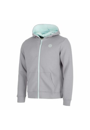 Sweat à capuche gris clair zippé avec poches avant, poignets côtelés, doublure intérieure de la capuche vert menthe et petit logo blanc sur la poitrine.