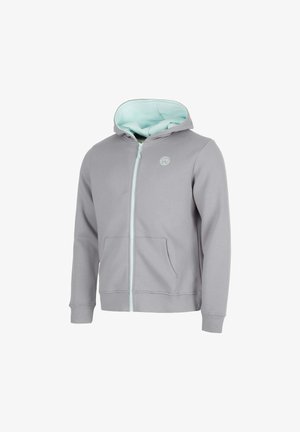 Hellgrauer Kapuzenpullover mit Reißverschluss, Fronttaschen, gerippten Bündchen, mintgrüner Innenkapuzenfütterung und kleinem weißem Logo auf der Brust.