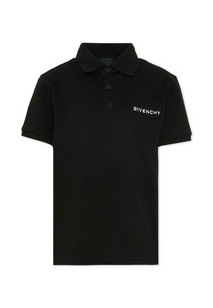 Czarna koszulka polo z krótkim rękawem, trzema guzikami i białym logo "GIVENCHY" na lewej piersi.