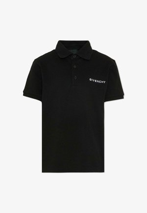 Czarna koszulka polo z krótkim rękawem, trzema guzikami i białym logo "GIVENCHY" na lewej piersi.