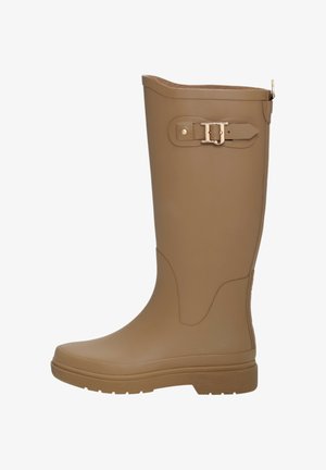 Beżowa gumowa kalosz z gładką powierzchnią, zaokrąglonym kształtem, dekoracyjnym złotym klamrą i teksturowaną podeszwą dla lepszej przyczepności.