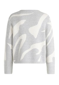 Grauer Pullover mit weichem Material, der ein großes abstraktes weißes Muster aufweist. Er hat lange Ärmel und eine lockere Passform mit rundem Ausschnitt.