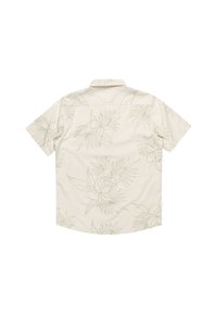 Maglietta a maniche corte in tessuto crema con un leggero motivo floreale. Presenta un colletto e una vestibilità rilassata con un orlo curvo.