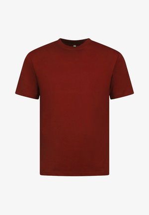 Rode katoenen T-shirt, korte mouwen, ronde hals, eenvoudig ontwerp, normale pasvorm, zachte textuur, geen zichtbare patronen of accenten.