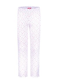White pants with a pink floral pattern and circular accents, featuring a straight leg design and a scalloped hem. Soft, lightweight fabric.