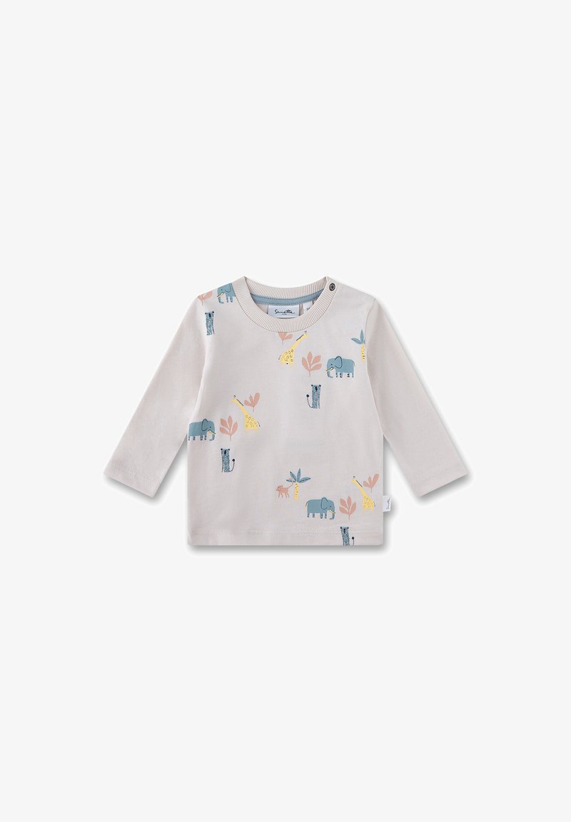 Long-sleeve children's shirt in light gray cotton, featuring a colorful animal print with elephants, giraffes, and leaves.