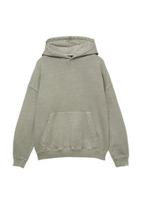 Hanorac gri supradimensionat dintr-un material moale, cu o buzunar frontal, manșete cu bordură și glugă cu șnur. Design simplu și neîmpodobit.