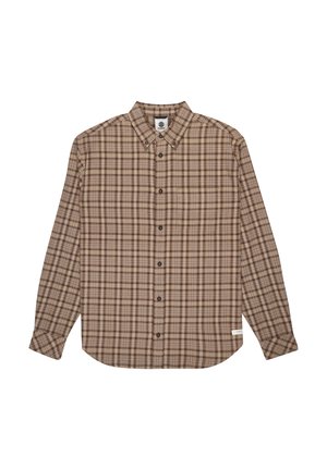 Brun og beige ternet langærmet skjorte med knap-down krave, forreste knapper og rundet kant. Mærket er placeret nederst til venstre.
