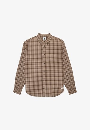 Camicia a maniche lunghe a scacchi marrone e beige con colletto button-down, bottoni frontali e orlo arrotondato. Etichetta posizionata in basso a sinistra.