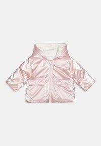 Pink satin jacket with a hood, zip closure, white lining, two front pockets, and the brand name "BOSS" printed on the chest.