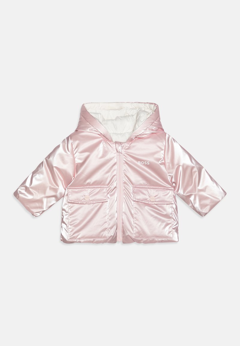 Pink satin jacket with a hood, zip closure, white lining, two front pockets, and the brand name "BOSS" printed on the chest.