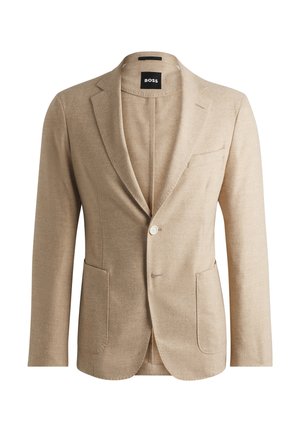 Beige Leinenblazer mit Reverskragen, einem knöpfbaren Verschluss, zwei Fronttaschen und slim fit Design. Markenetikett innen sichtbar.