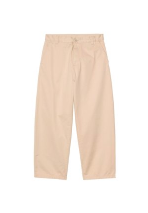 Beige bukser med vide ben, frontknap, lynlås, bæltestropper og sidelommer, vist på en hvid baggrund.