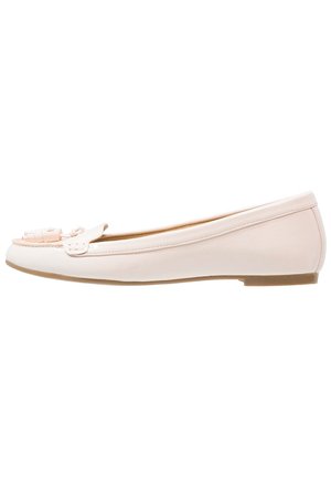 Light pink leather ballet flat with a rounded toe, decorative bow accent, and a flat rubber sole. Smooth texture with a minimalist design.