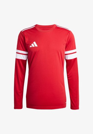 Rode lange mouwen sportshirt met witte accenten, voorzien van een ronde hals, drie witte strepen op de mouwen en een logo op de linkerborst.