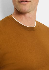 Brauner, gerippter Strickpullover mit Rundhalsausschnitt, über einem weißen Hemdkragen getragen. Dezente Textur im Stoff sichtbar.