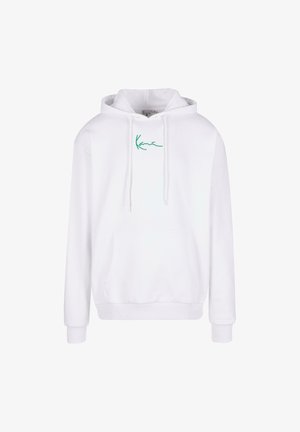 Valge kapuutsiga sviiter, mis on valmistatud pehmest kangast, koos taskuga ja rohelise tikkimisega logoga rinnal.