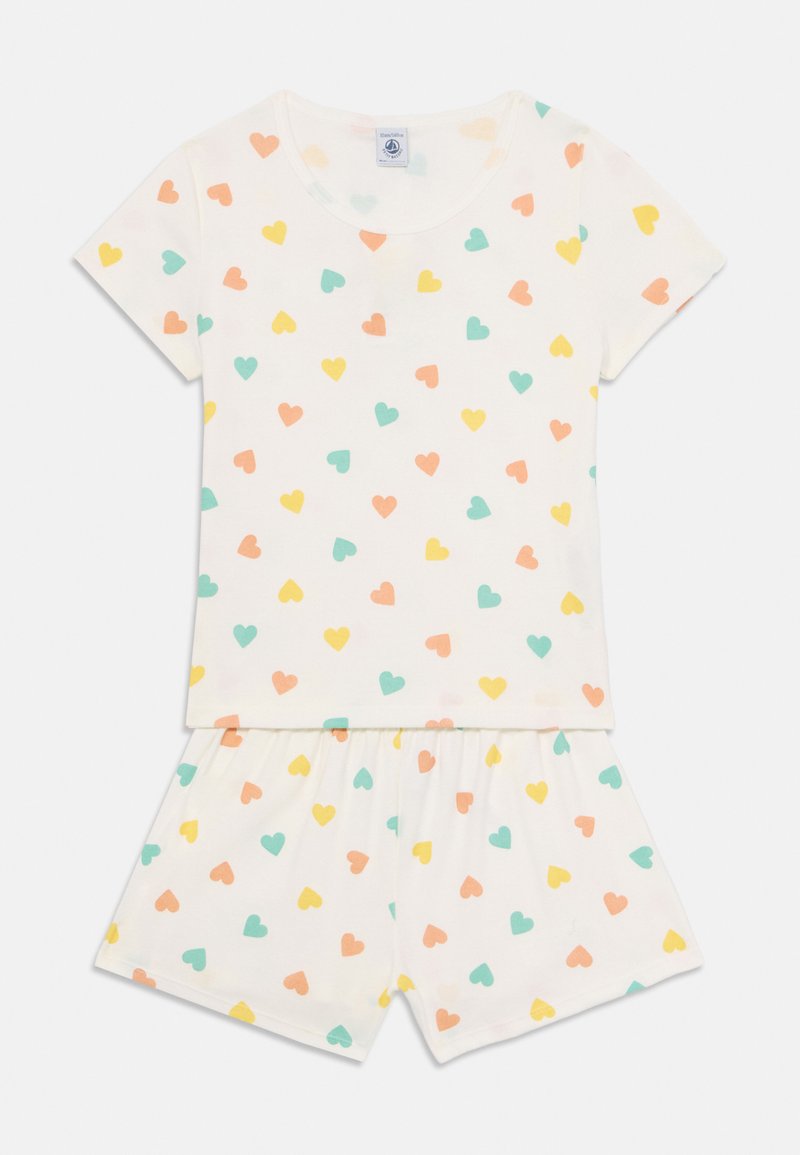 Kortärmad pyjamaset i mjuk bomull med vit bakgrund. Har ett mönster av flerfärgade hjärtan i rosa, gult och teal.