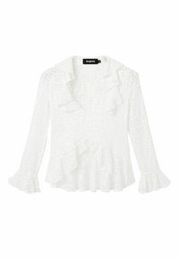 Blusa bianca a maniche lunghe con colletto arricciato, apertura con bottoni e polsini arricciati, caratterizzata da un delicato motivo a occhiello su tutta la superficie.