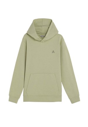 Sudadera con capucha de color verde oliva claro, con bolsillo tipo canguro en la parte delantera y pequeño logo de calavera en el pecho izquierdo.