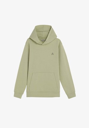 Lichtolijfgroene hoodie met capuchon, voorzak in kangoeroestijl en klein schedellogo op de linkerborst.