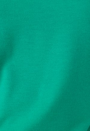 Tissu turquoise uni avec une texture lisse, présentant de légers plis et un motif tricot fin.
