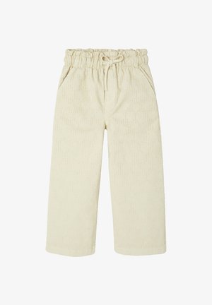 Cream-colored pants with an elastic waistband, drawstring, and side pockets. The fabric features a subtle textured pattern throughout.