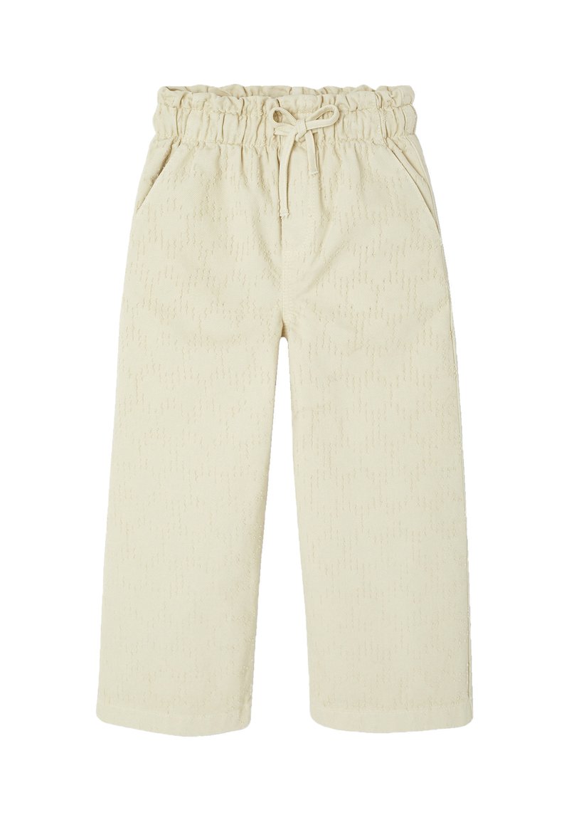 Cream-colored pants with an elastic waistband, drawstring, and side pockets. The fabric features a subtle textured pattern throughout.