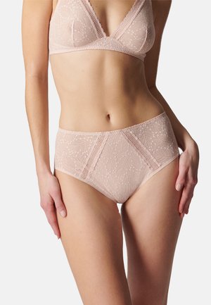 Lichtroze kant bralette en high-waisted slipset met bloemenpatronen en doorschijnende panelen, ontworpen met zachte texturen en een comfortabele pasvorm.