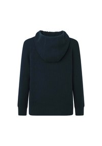 Tamsiai žalia raštuota megztinis su aukštu apykakle ir kapuce, turintis ilgus rankovės ir laisvą siluetą. Minkšta tekstūra su horizontaliu raštu.