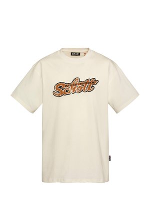 T-shirt crème à manches courtes avec logo "Schott" orange et noir style vintage centré sur la poitrine.