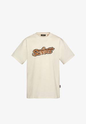 T-shirt crème à manches courtes avec logo "Schott" orange et noir style vintage centré sur la poitrine.