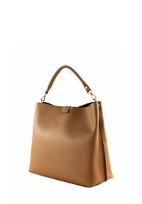 Sac à main en cuir marron avec une finition texturée, une forme structurée, une seule anse et des accents en métal doré. Ouvert sur le dessus avec une fermeture discrète.