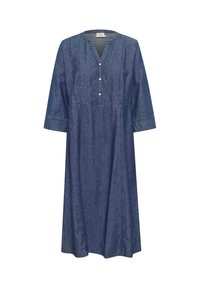 Jeansklänning med V-ringning, halvlånga ärmar och knappslå fram. Mörkblå färg med vertikala sömmar och avslappnad passform.