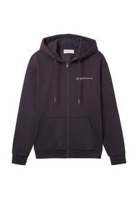 Dunkelviolette Zip-up-Hoodie aus weichem Material, mit einem Frontlogo, Kordelzugkapuze und zwei seitlichen Taschen.