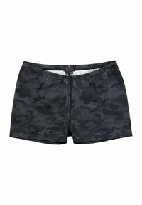 Shorts de bain pour homme en camouflage gris foncé et noir avec taille élastique et petit logo sur la jambe gauche.