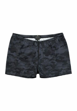 Dunkelgraue und schwarze Camouflage-Badehose für Herren mit elastischem Bund und kleinem Logo am linken Bein.