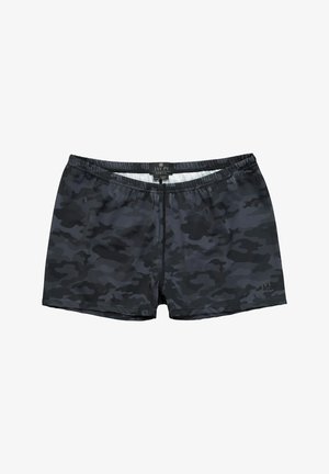 Donkergrijze en zwarte camouflage zwembroek voor heren met elastische tailleband en klein logo op het linkerbeen.